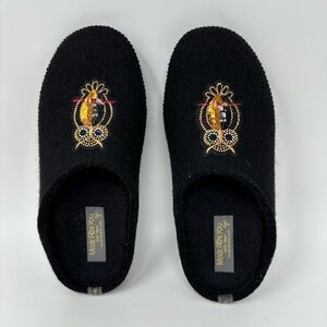 Made For You black Slippers 100% Boiled Wool Embroided Owl Applique Sz 7